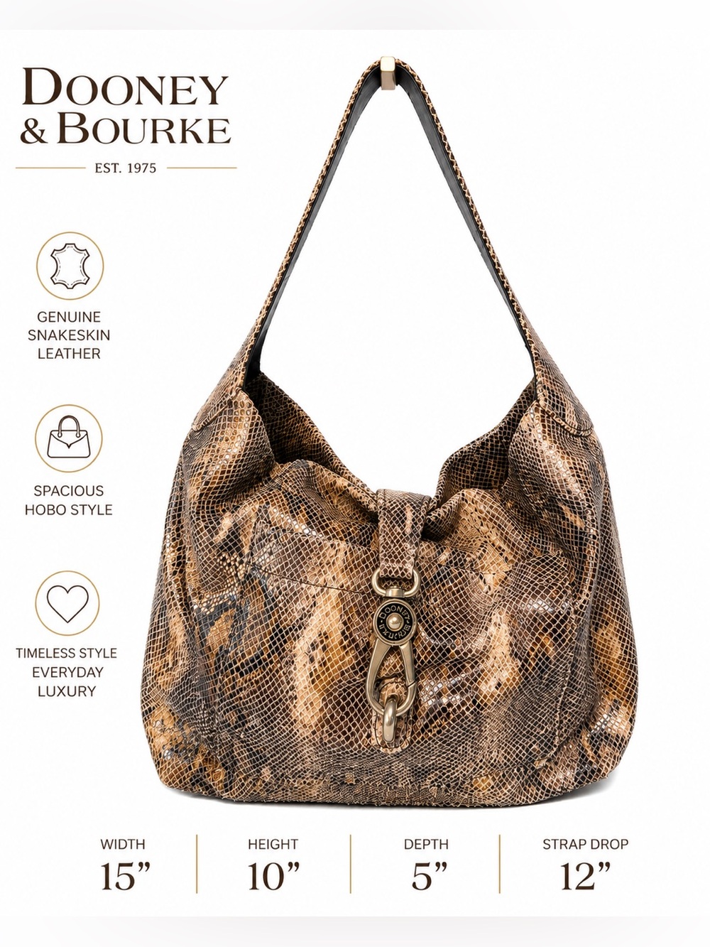 Dooney & Bourke Brown Snakeskin Embossed Leather Hobo Shoulder Bag Purse